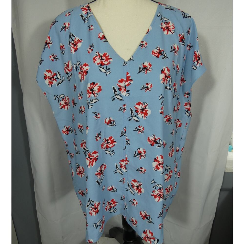 Hilary Radley Large Sleeveless Blouse V-Neck Blue Floral Lightweight Polyester
